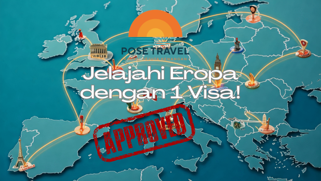 Representasi abstrak perjalanan lancar ke berbagai negara Eropa dengan satu Visa Schengen